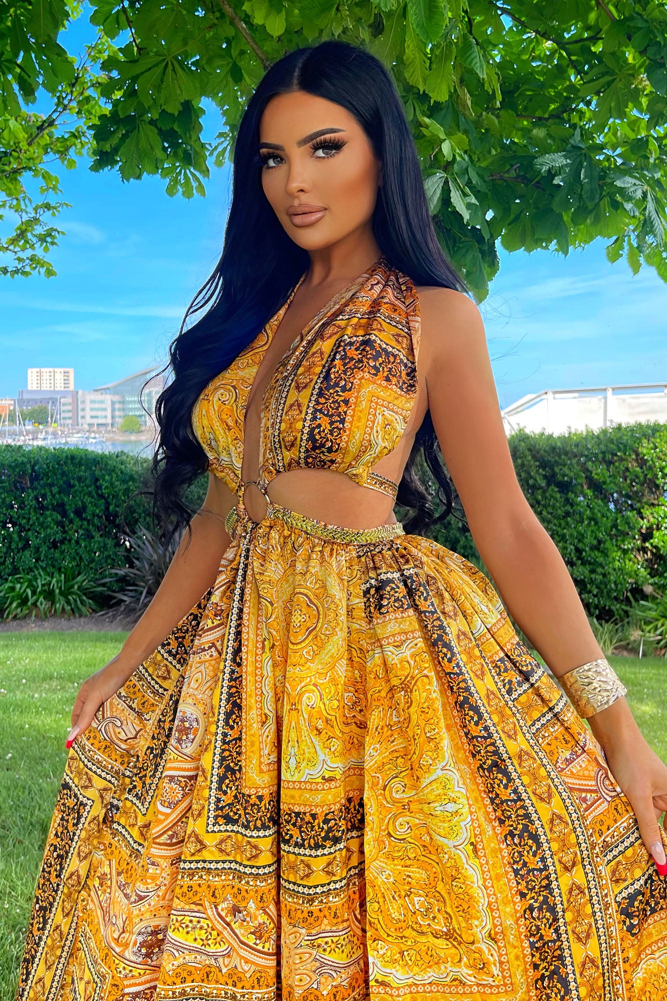 Golden Hour Goddess Satin Maxi Dress - Mustard/combo