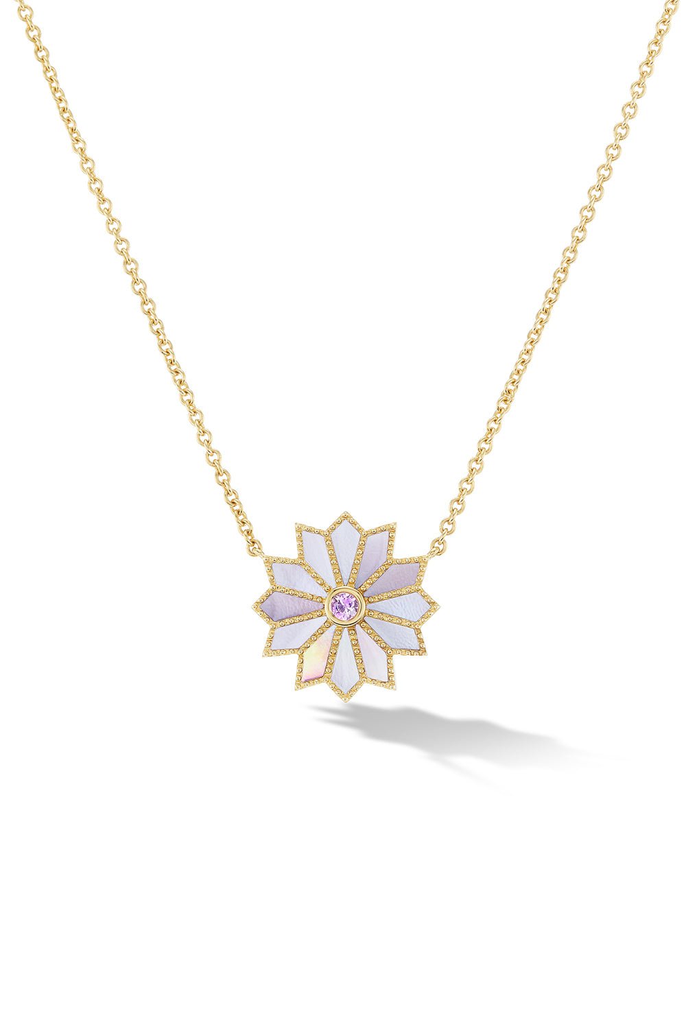 MINI SACRED PINK SAPPHIRE INLAY FLOWER NECKLACE Trending Now!